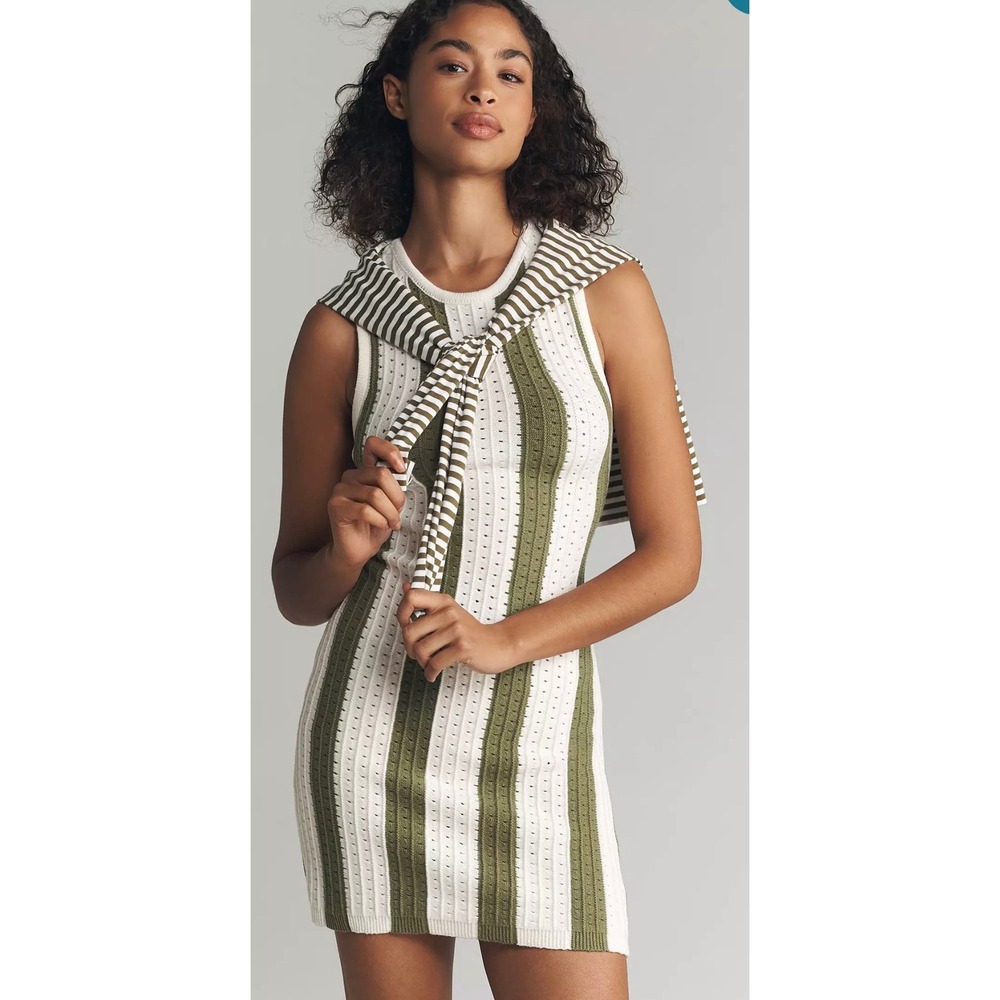 Daily Practice Anthropologie Sweater Dress M Green Ivory Striped Pointelle Mini
